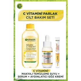 Garnier C Vitamini Parlak Süper Aydınlatıcı Serum 30 ml ve Garnier C Vitamini Parlak Aydınlatıcı Göz Kremi Makyaj Temizleme Suyu