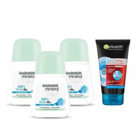 Garnier Mineral Saf ve Temiz Roll On Deodorant Saf ve Temiz Siyah Nokta Karşıtı Kömürlü 3'ü 1 Arada Seyahat Boy 50 ml 3'lü Set
