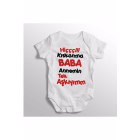 Genel Hiç Kıskanma Baba Annemin Tek Aşkıyım Baskılı Kısa Kollu Beyaz Bebek Zıbın