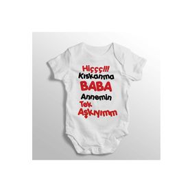 Genel Hiç Kıskanma Baba Annemin Tek Aşkıyım Baskılı Kısa Kollu Beyaz Bebek Zıbın