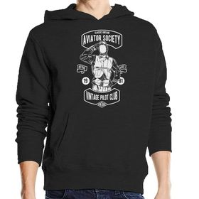 Generic Aviator Society Vintage Pilot Club Kapüşonlu Siyah Sweatshirt
