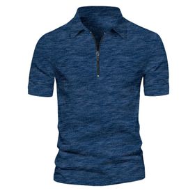 Generic D-612 Lacivert Kaplumbağa Boyun Tee Tops Kısa Kollu Düz Sonbahar Yaz Tee Gömlek Tarz 2025 Düzenli Fit Erkek T-shirt