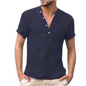 Generic O-792 Lacivert Sonbahar Yaz V Yaka Keten Düz Üst Gömlek Tarz 2025 Düzenli Fit Kısa Kollu Erkek T-shirt