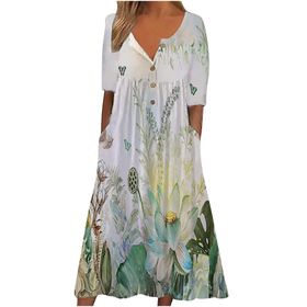 Generic Q-92 Mor Çiçek Tekne Vneck Boyun Kısa Kollu Maxi Uzun Plaj Hawaii Kadın Elbise