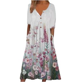 Generic R-73 Pembe Çiçek Tekne Vneck Boyun Kısa Kollu Maxi Uzun Plaj Hawaii Kadın Elbise