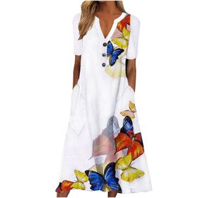 Generic S-967 Hardal Sarısı Çiçek Tekne Vneck Boyun Kısa Kollu Maxi Uzun Plaj Hawaii Kadın Elbise
