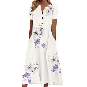 Generic W-882 Beyaz Çiçek Tekne Vneck Boyun Kısa Kollu Maxi Uzun Plaj Hawaii Kadın Elbise