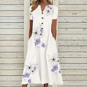 Generic W-882 Beyaz Çiçek Tekne Vneck Boyun Kısa Kollu Maxi Uzun Plaj Hawaii Kadın Elbise