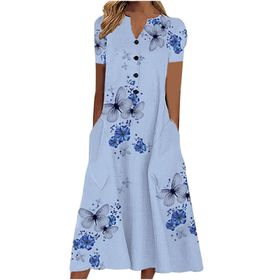 Generic W-882 Kraliyet Mavisi Çiçek Tekne Vneck Boyun Kısa Kollu Maxi Uzun Plaj Hawaii Kadın Elbise