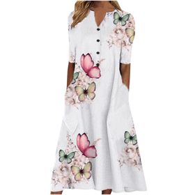 Generic X-958 Pembe Çiçek Tekne Vneck Boyun Kısa Kollu Maxi Uzun Plaj Hawaii Kadın Elbise