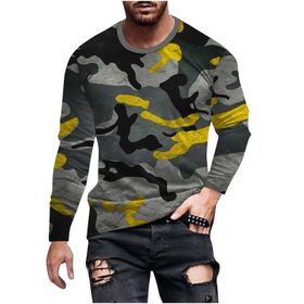 Generic Y-950 Hardal Sarısı Uzun Kollu Tee Tops Tekne Boyun 3D Dijital Baskı Camo Yaz Sonbahar Gömlek Spor Tarz 2025 Erkek T-shirt