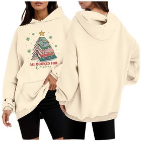 Generisch 1 Noel Kapüşonlu Modern Kazak Noel Baskılı Kış Uzun Kollu Gündelik Zarif Bej Kadın Sweatshirt