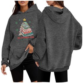 Generisch 1 Noel Kapüşonlu Modern Kazak Noel Baskılı Kış Uzun Kollu Gündelik Zarif Gri Kadın Sweatshirt