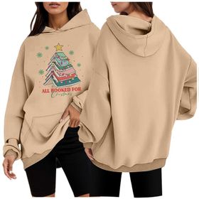 Generisch 1 Noel Kapüşonlu Modern Kazak Noel Baskılı Kış Uzun Kollu Gündelik Zarif Haki Kadın Sweatshirt