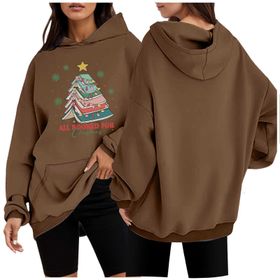 Generisch 1 Noel Kapüşonlu Modern Kazak Noel Baskılı Kış Uzun Kollu Gündelik Zarif Kahve Kadın Sweatshirt