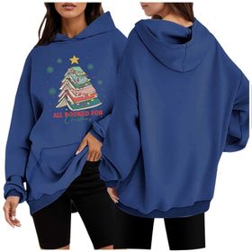Generisch 1 Noel Kapüşonlu Modern Kazak Noel Baskılı Kış Uzun Kollu Gündelik Zarif Mavi Kadın Sweatshirt