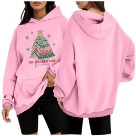 Generisch 1 Noel Kapüşonlu Modern Kazak Noel Baskılı Kış Uzun Kollu Gündelik Zarif Pembe Kadın Sweatshirt