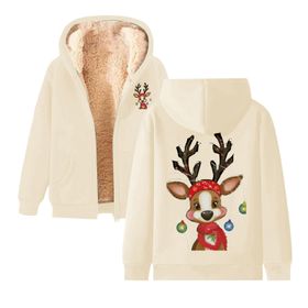 Generisch 1 Noel Kapüşonlu Modern Polar Noel Baskılı Kış Uzun Kollu Gündelik Zarif Bej Kadın Sweatshirt