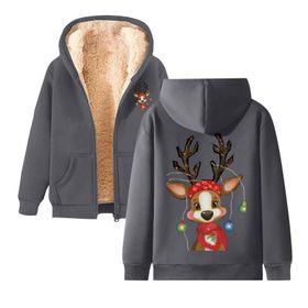 Generisch 1 Noel Kapüşonlu Modern Polar Noel Baskılı Kış Uzun Kollu Gündelik Zarif Gri Kadın Sweatshirt