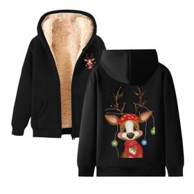 Generisch 1 Noel Kapüşonlu Modern Polar Noel Baskılı Kış Uzun Kollu Gündelik Zarif Siyah Kadın Sweatshirt