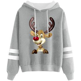 Generisch 1 Noel Kapüşonlu Tarzı Boş Zaman Kazak Model Noel Baskılı Kış Uzun Kollu Gündelik Açık Gri Kadın Sweatshirt