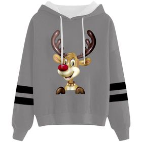 Generisch 1 Noel Kapüşonlu Tarzı Boş Zaman Kazak Model Noel Baskılı Kış Uzun Kollu Gündelik Gri Kadın Sweatshirt
