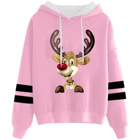 Generisch 1 Noel Kapüşonlu Tarzı Boş Zaman Kazak Model Noel Baskılı Kış Uzun Kollu Gündelik Pembe Kadın Sweatshirt