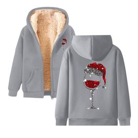 Generisch 2 Noel Kapüşonlu Modern Polar Noel Baskılı Kış Uzun Kollu Gündelik Zarif Açık Gri Kadın Sweatshirt