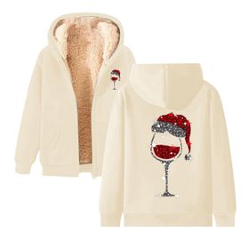 Generisch 2 Noel Kapüşonlu Modern Polar Noel Baskılı Kış Uzun Kollu Gündelik Zarif Bej Kadın Sweatshirt