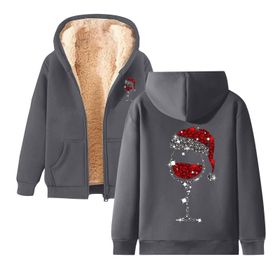 Generisch 2 Noel Kapüşonlu Modern Polar Noel Baskılı Kış Uzun Kollu Gündelik Zarif Gri Kadın Sweatshirt