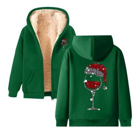Generisch 2 Noel Kapüşonlu Modern Polar Noel Baskılı Kış Uzun Kollu Gündelik Zarif Koyu Yeşil Kadın Sweatshirt