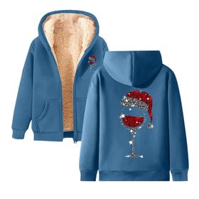 Generisch 2 Noel Kapüşonlu Modern Polar Noel Baskılı Kış Uzun Kollu Gündelik Zarif Mavi Kadın Sweatshirt