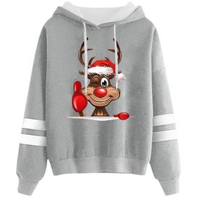 Generisch 2 Noel Kapüşonlu Tarzı Boş Zaman Kazak Model Noel Baskılı Kış Uzun Kollu Gündelik Açık Gri Kadın Sweatshirt