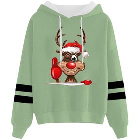 Generisch 2 Noel Kapüşonlu Tarzı Boş Zaman Kazak Model Noel Baskılı Kış Uzun Kollu Gündelik Açık Yeşil Kadın Sweatshirt