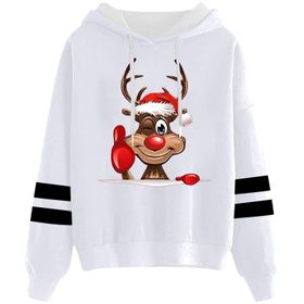 Generisch 2 Noel Kapüşonlu Tarzı Boş Zaman Kazak Model Noel Baskılı Kış Uzun Kollu Gündelik Beyaz Kadın Sweatshirt