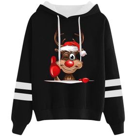 Generisch 2 Noel Kapüşonlu Tarzı Boş Zaman Kazak Model Noel Baskılı Kış Uzun Kollu Gündelik Siyah Kadın Sweatshirt