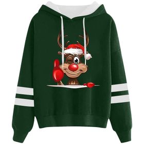 Generisch 2 Noel Kapüşonlu Tarzı Boş Zaman Kazak Model Noel Baskılı Kış Uzun Kollu Gündelik Yeşil Kadın Sweatshirt