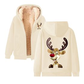 Generisch 3 Noel Kapüşonlu Modern Polar Noel Baskılı Kış Uzun Kollu Gündelik Zarif Bej Kadın Sweatshirt
