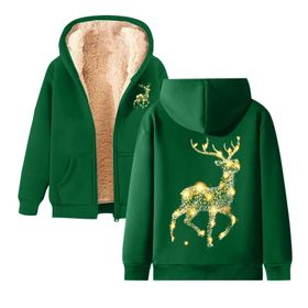 Generisch 3 Noel Kapüşonlu Modern Polar Noel Baskılı Kış Uzun Kollu Gündelik Zarif Koyu Yeşil Kadın Sweatshirt