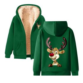 Generisch 3 Noel Kapüşonlu Modern Polar Noel Baskılı Kış Uzun Kollu Gündelik Zarif Koyu Yeşil Kadın Sweatshirt