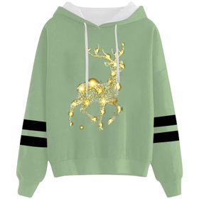 Generisch 3 Noel Kapüşonlu Tarzı Boş Zaman Kazak Model Noel Baskılı Kış Uzun Kollu Gündelik Açık Yeşil Kadın Sweatshirt