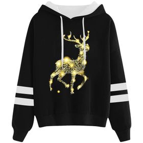 Generisch 3 Noel Kapüşonlu Tarzı Boş Zaman Kazak Model Noel Baskılı Kış Uzun Kollu Gündelik Siyah Kadın Sweatshirt