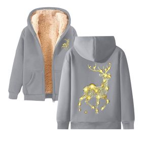 Generisch 4 Noel Kapüşonlu Modern Polar Noel Baskılı Kış Uzun Kollu Gündelik Zarif Açık Gri Kadın Sweatshirt