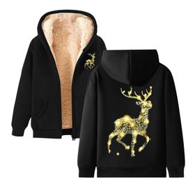 Generisch 4 Noel Kapüşonlu Modern Polar Noel Baskılı Kış Uzun Kollu Gündelik Zarif Siyah Kadın Sweatshirt