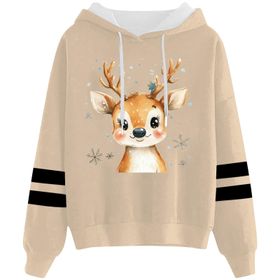 Generisch 4 Noel Kapüşonlu Tarzı Boş Zaman Kazak Model Noel Baskılı Kış Uzun Kollu Gündelik Haki Kadın Sweatshirt