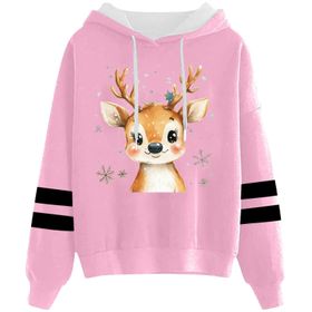 Generisch 4 Noel Kapüşonlu Tarzı Boş Zaman Kazak Model Noel Baskılı Kış Uzun Kollu Gündelik Pembe Kadın Sweatshirt