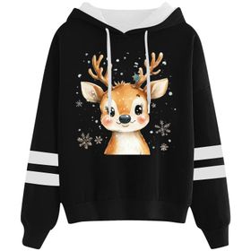 Generisch 4 Noel Kapüşonlu Tarzı Boş Zaman Kazak Model Noel Baskılı Kış Uzun Kollu Gündelik Siyah Kadın Sweatshirt