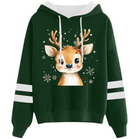 Generisch 4 Noel Kapüşonlu Tarzı Boş Zaman Kazak Model Noel Baskılı Kış Uzun Kollu Gündelik Yeşil Kadın Sweatshirt