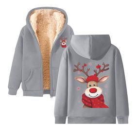 Generisch 5 Noel Kapüşonlu Modern Polar Noel Baskılı Kış Uzun Kollu Gündelik Zarif Açık Gri Kadın Sweatshirt