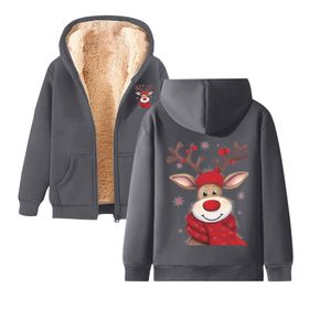 Generisch 5 Noel Kapüşonlu Modern Polar Noel Baskılı Kış Uzun Kollu Gündelik Zarif Gri Kadın Sweatshirt